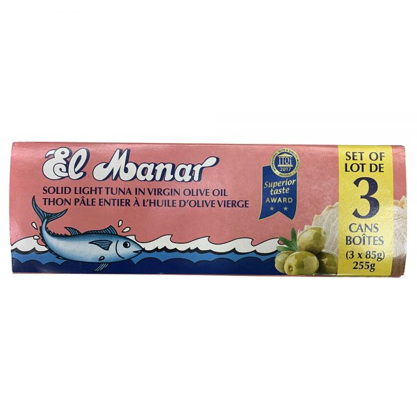 Whole light tuna in virgin olive oil, El Manar, 3 x 85 g packet